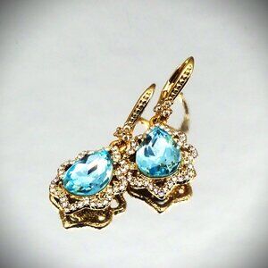MARCHESA Gold Plated Blue & Clear Crystals Dangle Earrings